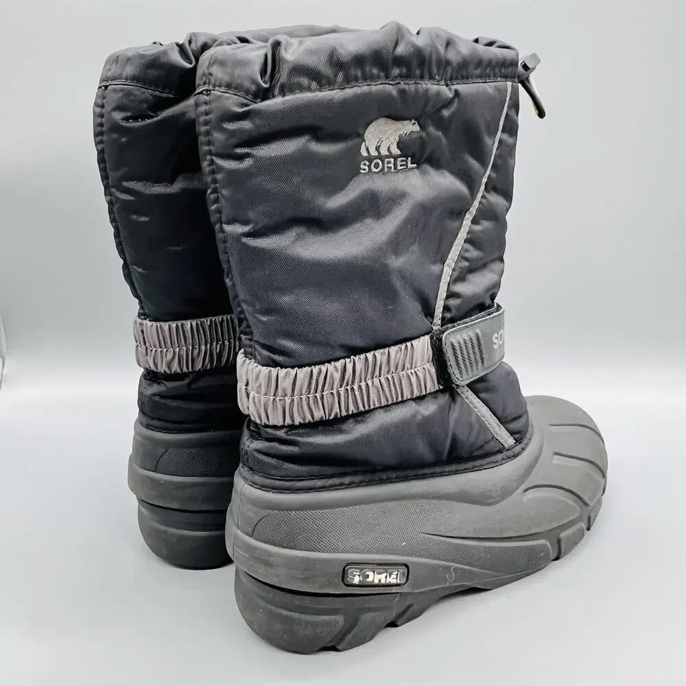 Sorel Boots Boys Girls 5 Black Mid Calf Hook & Loop Waterproof Snow Winter Shoes